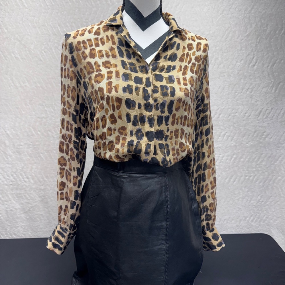 Alfani Women 100% Silk Leopard Print Long Sleeve Button Down Blouse Tan Brown 12